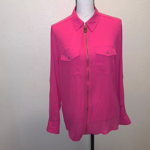 NWT Michael Kors Basics Radiant pink pocket zip up shirt - Picture 1 of 9